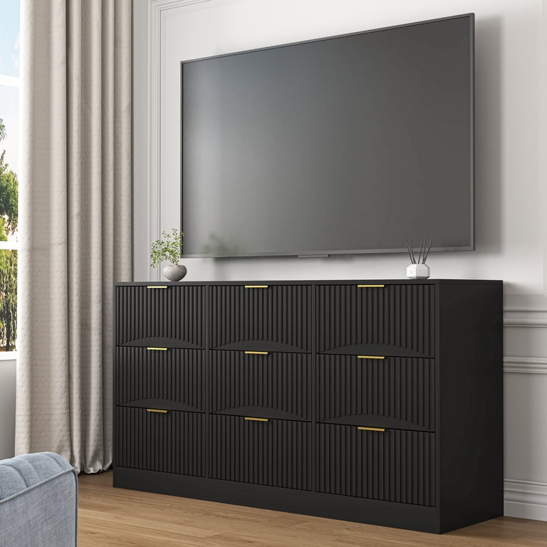 black 9 drawer dresser for bedroom Mid-Century Fluted 9-Drawer Extra Large Dresser Black (Set of 3)