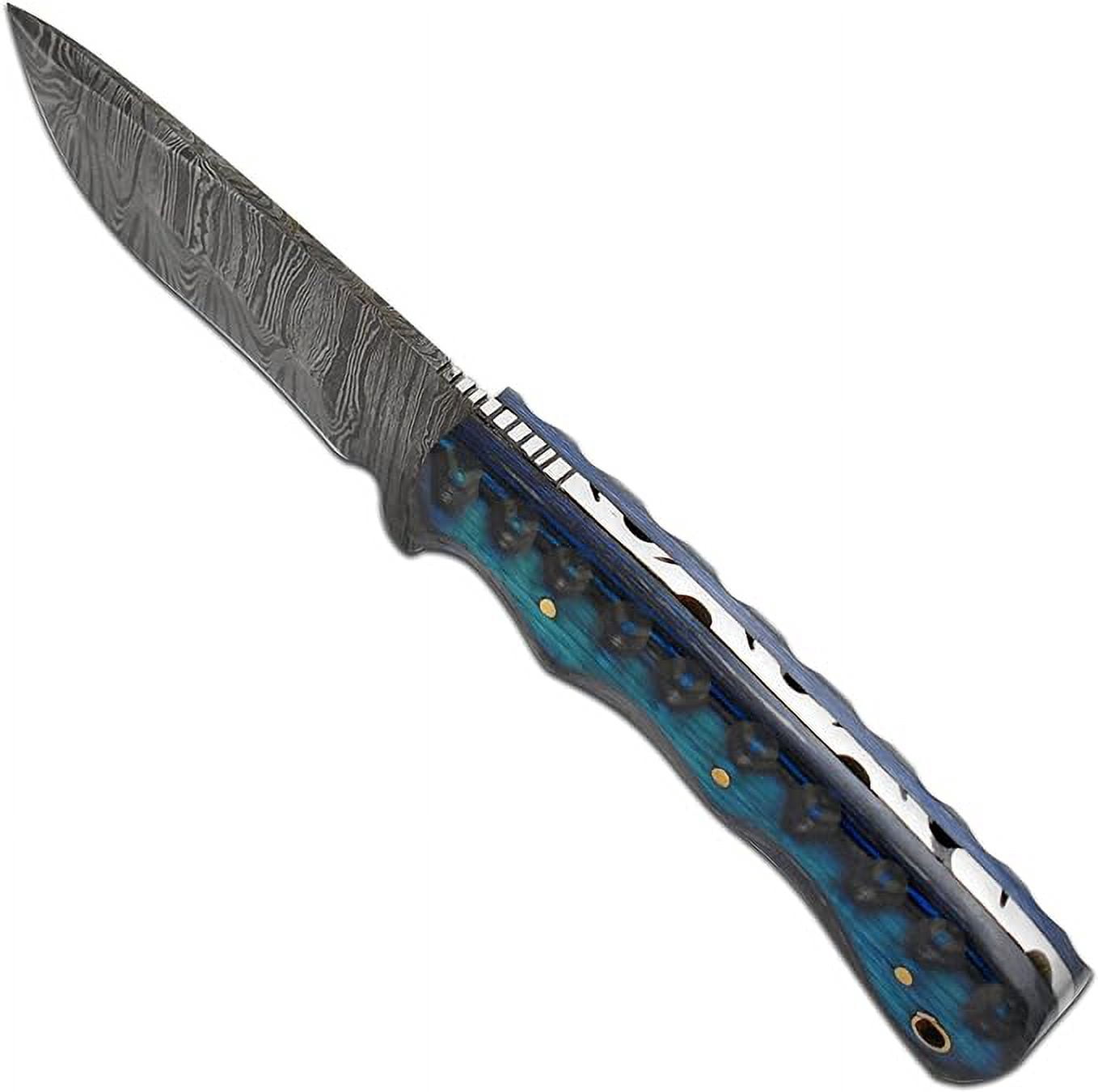 Old Ram Damascus Skinner Knife with Leather Sheath - 9" Twisted Blue Wood Hunting Knife
