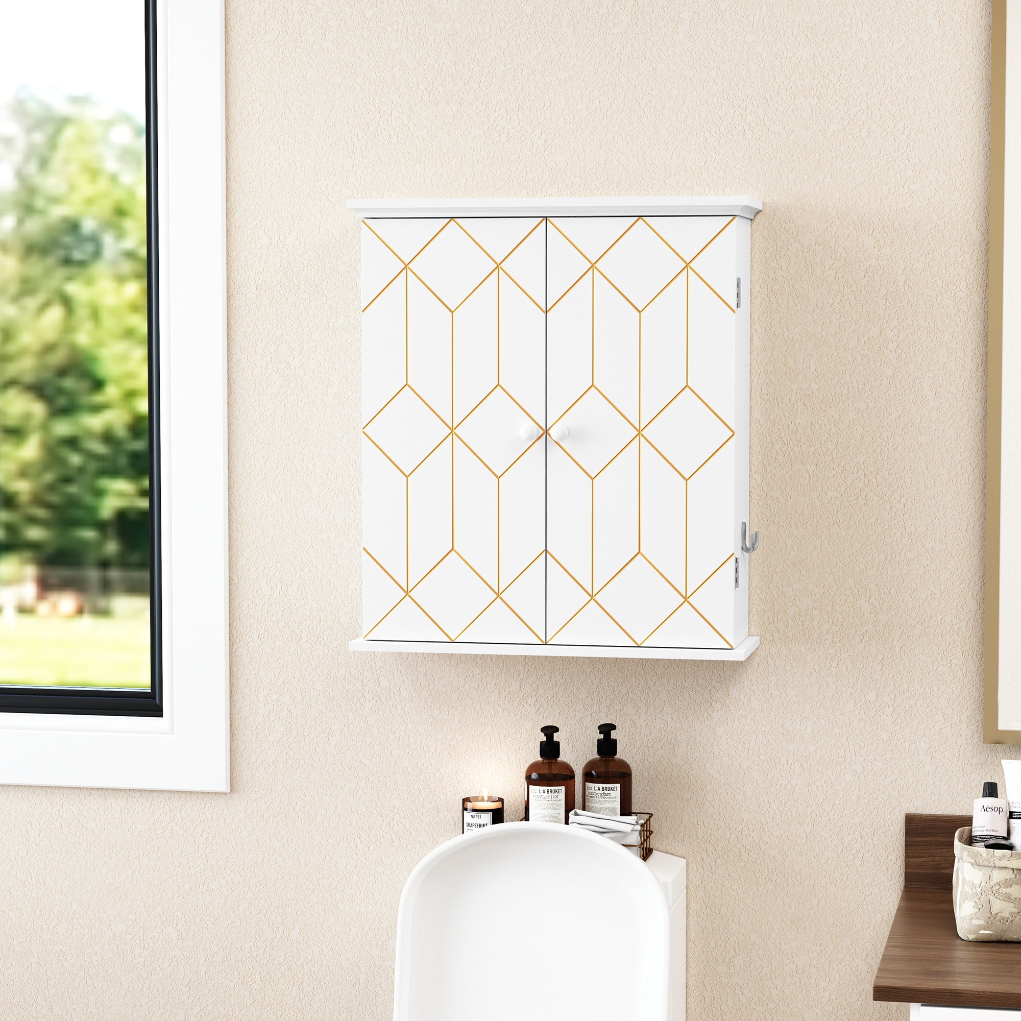 HLR Wall-Mounted Bathroom Storage Cabinet with Gold Trim, Bathroom Cabinet with Adjustable Shelves