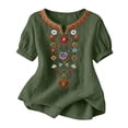 thumbnail image 2 of Qulqfy Embroidered Womens Tops Floral Fall Short Sleeve Casual Army Green Cute Tunic Comfy Henley V-Neck Shirts L, 2 of 7