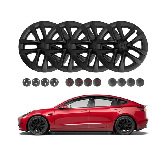 Set Of 4 Wheel Covers Spider Web II Hubcaps Matte Black For 2017-2023 Tesla 3 18 inch Except Highland