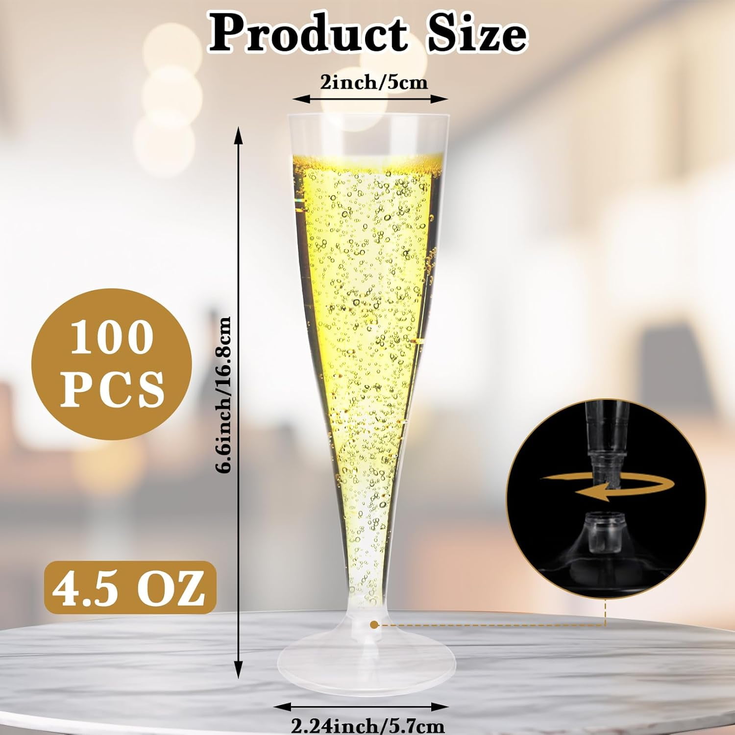 100 Pack Plastic Champagne Flutes Disposable,4.5 oz Plastic Champagne Glasses,Clear Disposable Champagne Flute,Clear Toasting Glasses for Parties, Weddings