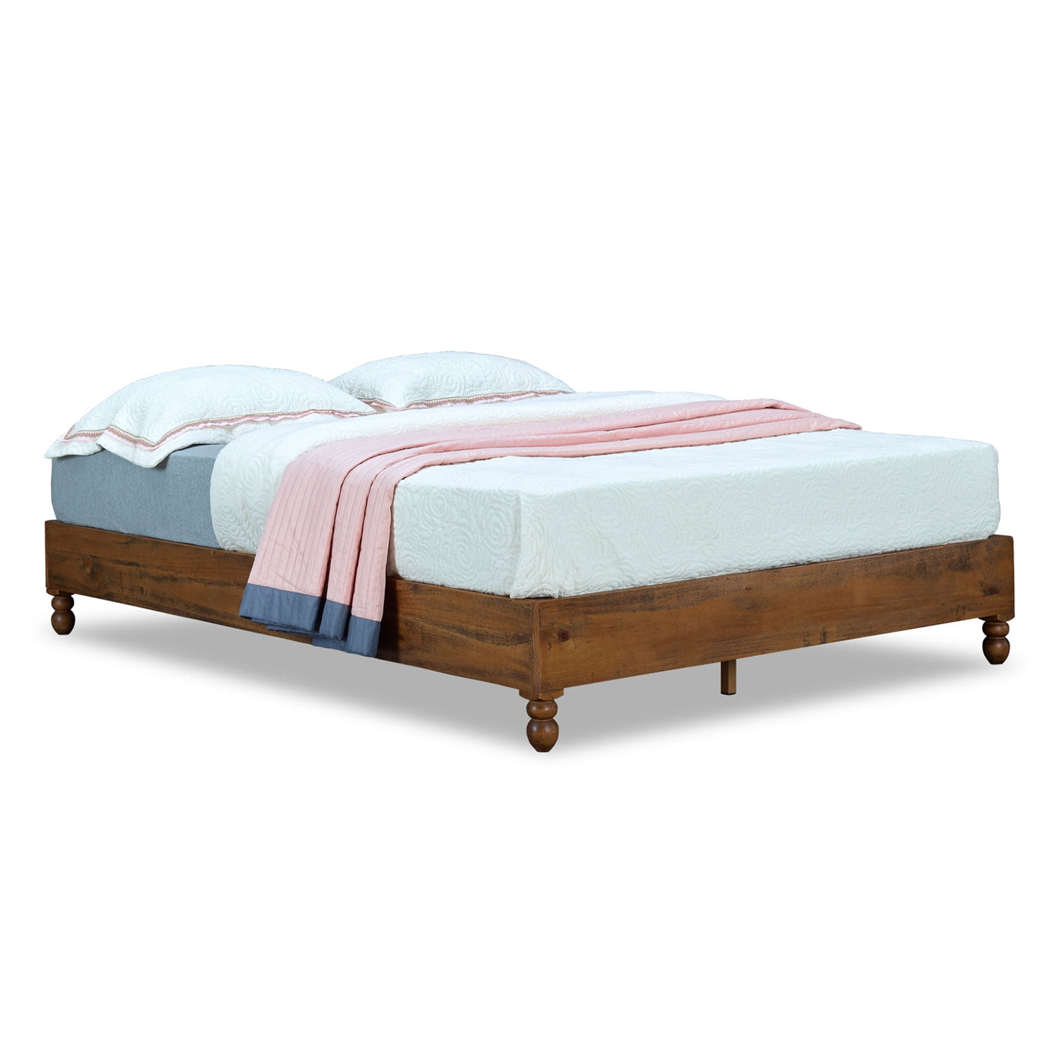Open Box Slatted King Size Wooden Bed Frame with Turned Legs, Natural Brown- Saltoro Sherpi