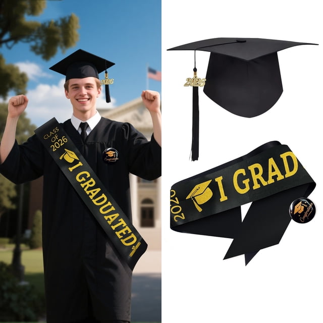 CaiYueKe Graduation Headband and Shoulder Straps for Congrats Grad Party Supplies Bachelor Cap Headband with Doctoral Hat Black Sash Satin Tassels Tiaras for Graduation Party Dress up Favor Photo