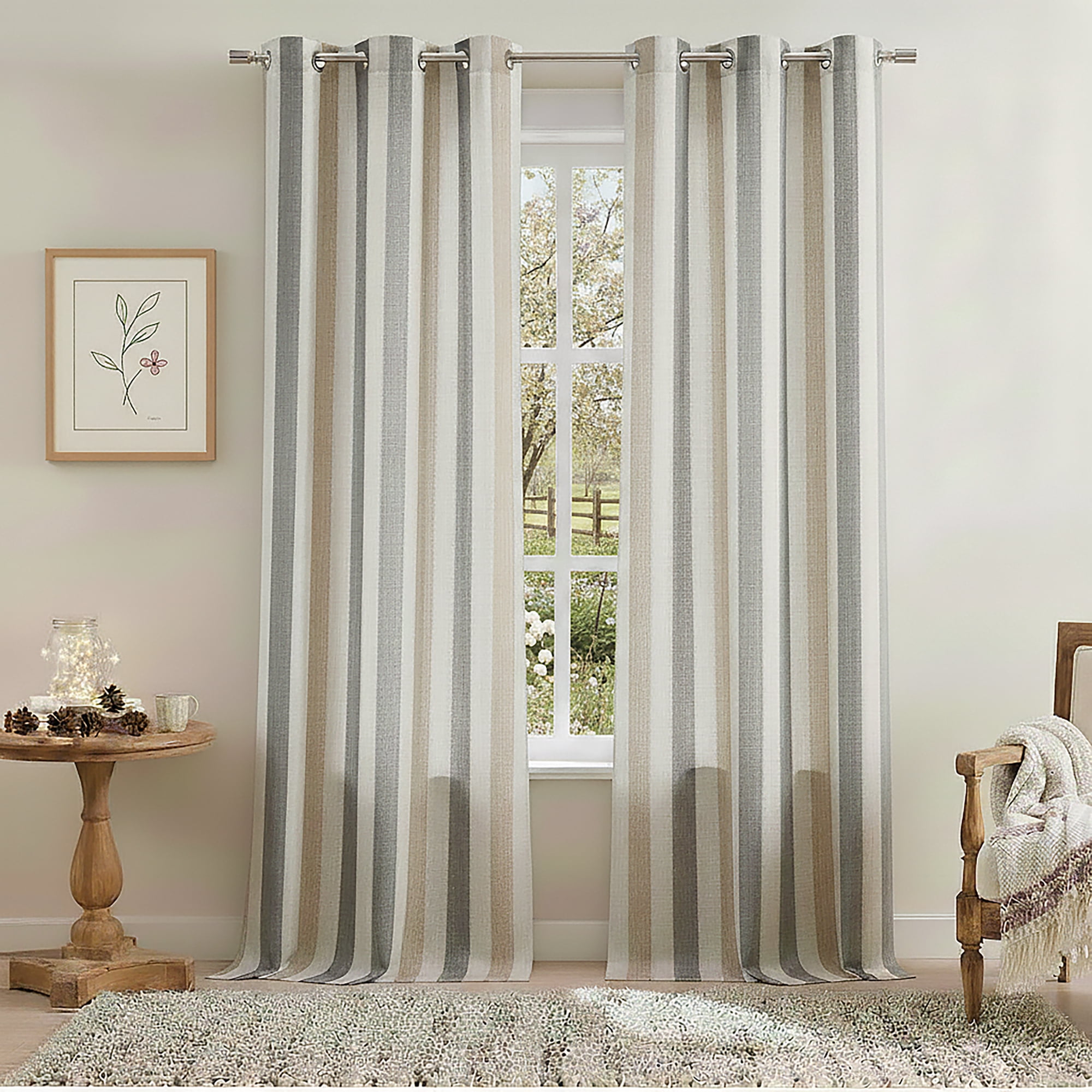 Flowpartex Linen Textured Stripe Curtains Brown and Aqua Farmhouse Striped Curtains Light Filtering Window Drapes for Bedroom Living Room,Rod Pocket Back Tab 40"X90"2 Panels