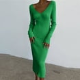 thumbnail image 2 of Womens Long Sleeve V Neck Ribbed Slim Fitted Dress Solid Color Knitted Midi Dress Sretchy Comfy Fall Long Dress, 2 of 7