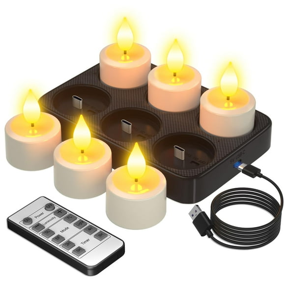 PChero 6PCS Rechargeable Flameless Candles Flickering with Remote Timer & USB Charging Base, 3D Wick Led Tea Lights Candles Battery Operated for