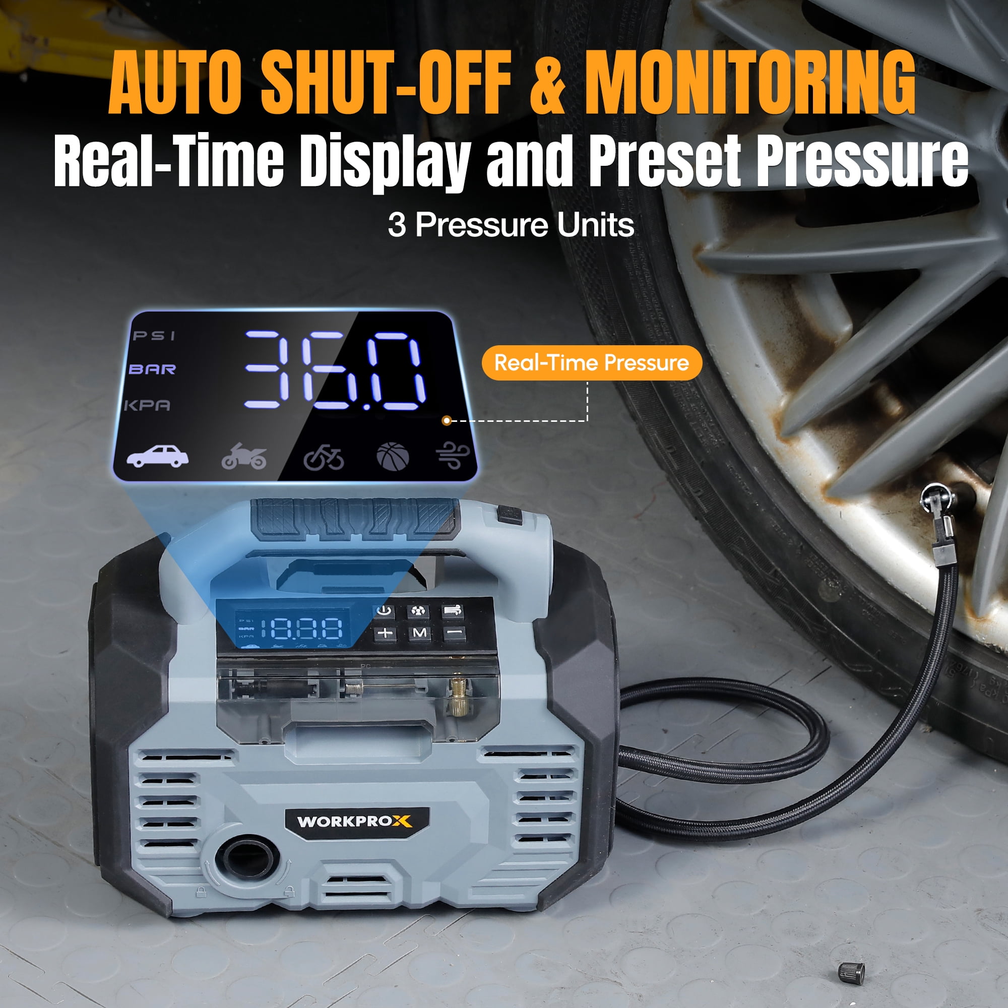 WORKPROX Tire Inflator Portable Air Compressor, 150 PSI Car Air Pump with 20V Battery and 12V DC Power, Auto Shut-off, Digital Gauge