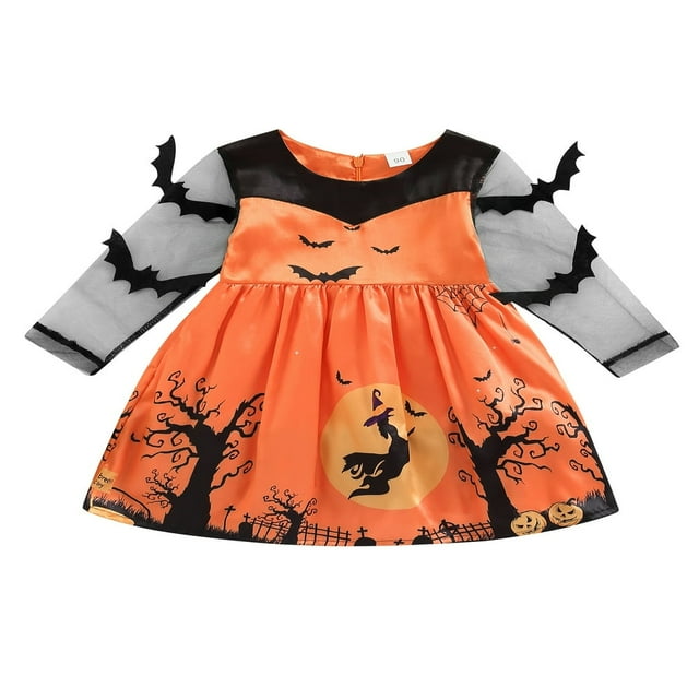 Girls Halloween Party Dress Mesh Patchwork Sleeve Bat Print Dress
