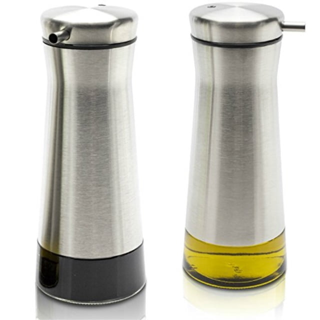 Glass Cooking Oil Cruet Bottles No-Drip Double Spouts Olive Oil and Vinegar Bottle Set 10.3 Oz Olive Oil Dispenser by orlkie 2-Piece Olive Oil Container Set with Rack and Wooden Base