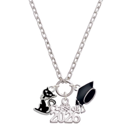 Delight Jewelry Silver-tone Black Sitting Cat - Class of 2026 Graduation Zoey Charm Necklace, 28"