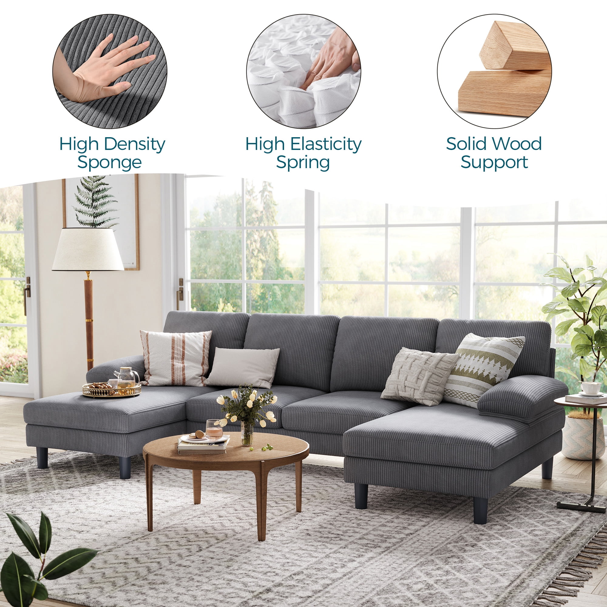 Linsy Home Sectional Sofa for Living Room, U-Shaped Sofa Couch with Corduroy Fabric, 4 Seat Sofa with Double Chaise for Apartment, Dark Gray