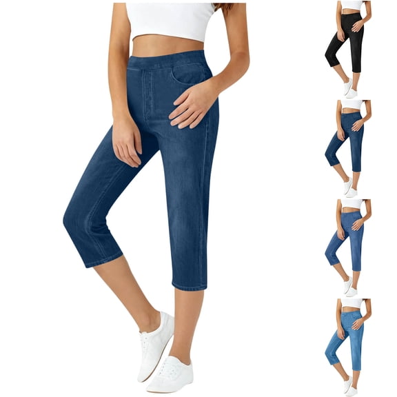 Juesizh Capri Jeans for Women Elastic Waist Capri Pants Casual Stretch Solid Color Denim Pants with Pockets, S-2XL