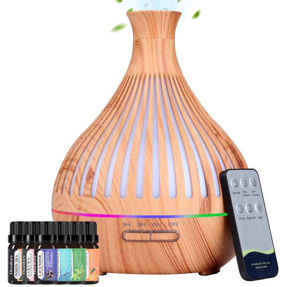 KAMIDA 500ml oil Diffuser with 6*10ml Essential Oil with Remote,Oil Air Humidifier Vaporizer with 7 Colors Lights for Large Room , Home, Office for Gift, Brown