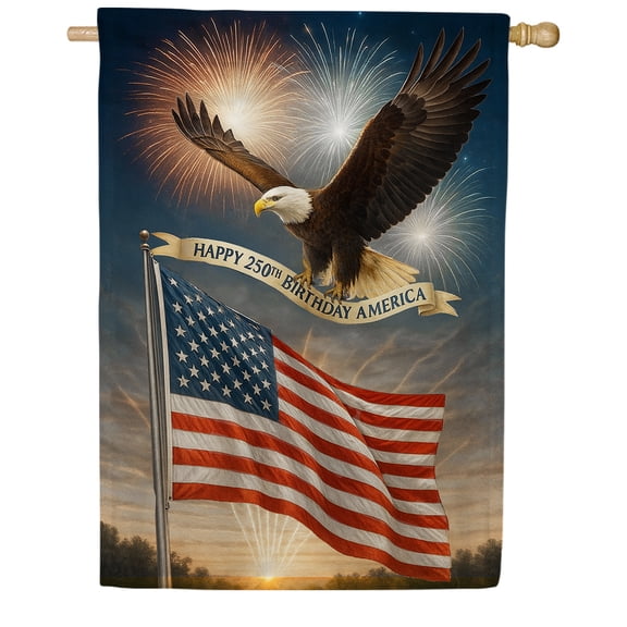 America Forever Happy 250th Birthday America House Flag, 28 x 40 inch Double Sided, Bald Eagle American Flag Fireworks, USA Semiquincentennial Patriotic Celebration