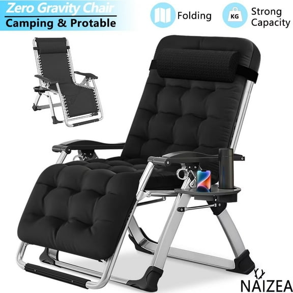 NAIZEA Zero Gravity Chair, Reclining Lounge Chair with Removable Cushion & Tray for Indoor and Outdoor, Ergonomic Patio Recliner Folding Reclining Chair