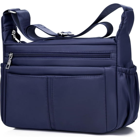 Women Shoulder Bag Multi-Pockets Handbag Water-Resistant Nylon Crossbody Bags Large Purses Lightweight Messenger Bag Sapphire Blue