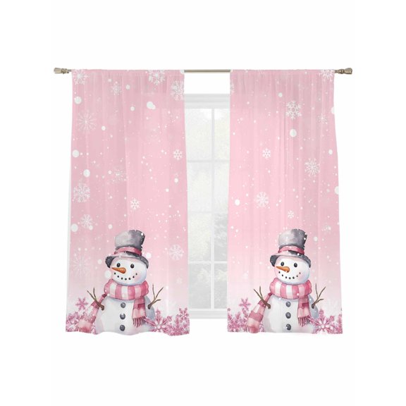 Christmas Pink Sheer Curtains 2 Panels Set, Snowman Snowflake Window Sheer Curtains for Living Room/Bedroom, Light Filtering Rod Pocket Voile Drapes, 52" W x 72" L