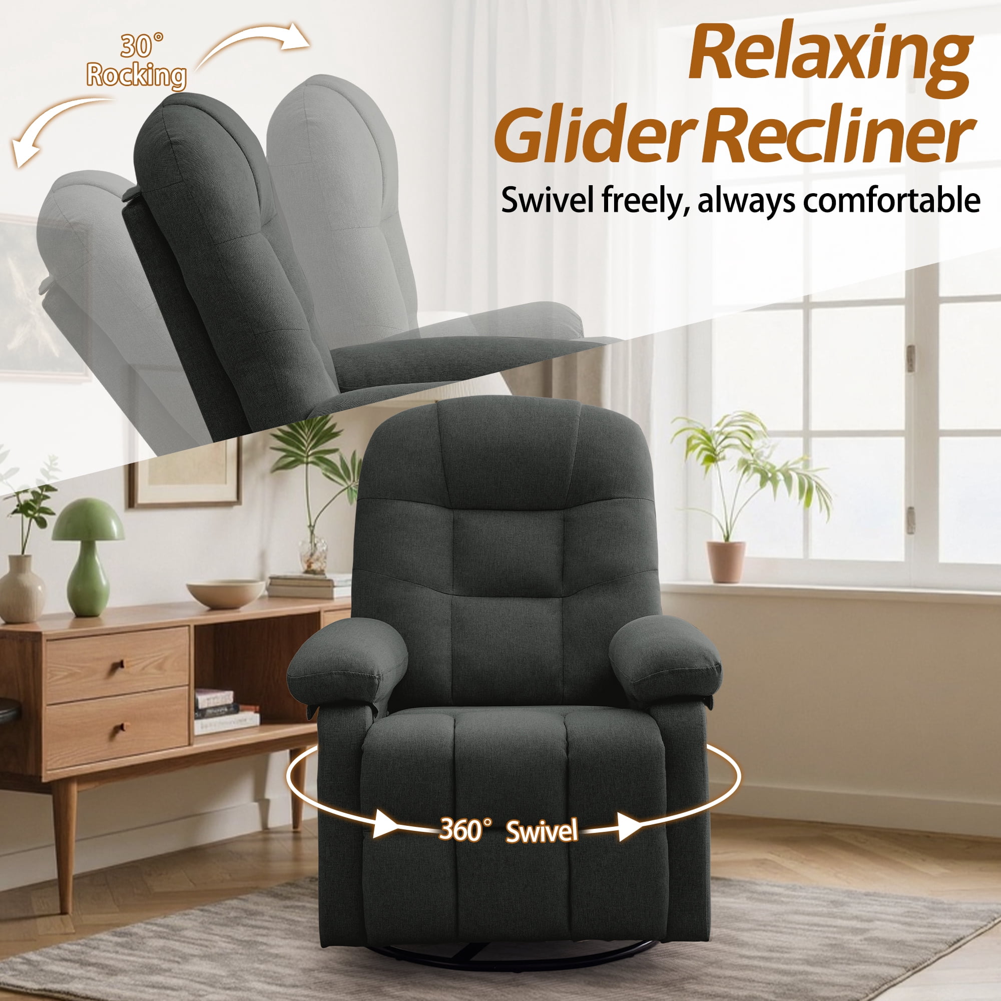 Korser Manual Swivel Rocker Recliner Chair for Living Room,Small Recliner Sofa for Small Spaces,Linen Fabric,Dark Grey