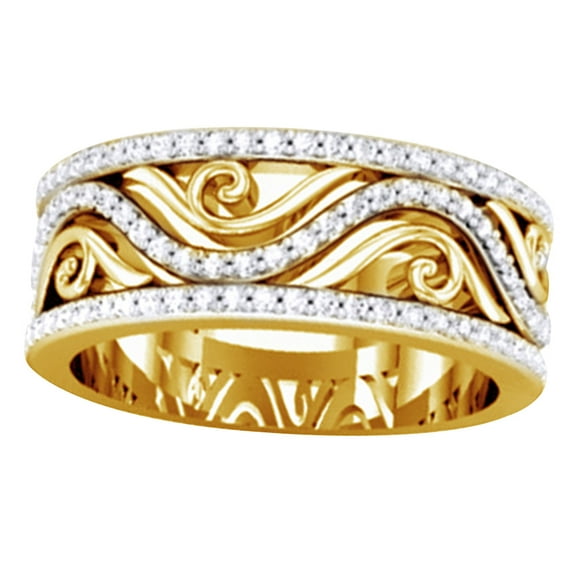 AFFY 0.5 Ct Round Shape White Diamond Wavy Swirl Anniversary Band Ring In 14K Solid Yellow Gold
