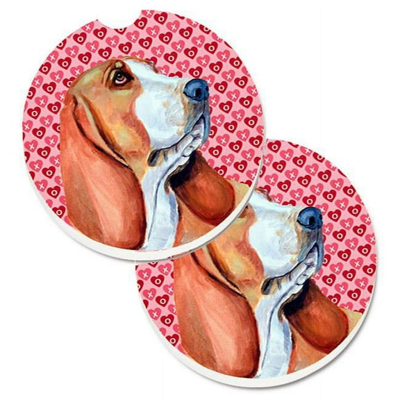 Basset Hound Hearts Love & Valentines Day Portrait Set of 2 Cup Holder Car Coaster