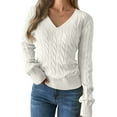 thumbnail image 3 of Women Long Sleeve Cable Knit Sweater Fashion V Neck Fitted Pullover Top Business Casual Fall Outfits White L, 3 of 7