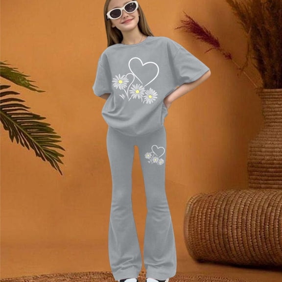 EnJoCho Girls 2 Piece Outfits Short Sleeve Bow Tees Flared Pants 2026 Summer Clothing Set Size 8-13 Years Trendy Youth Fashion Tee Pants Combo