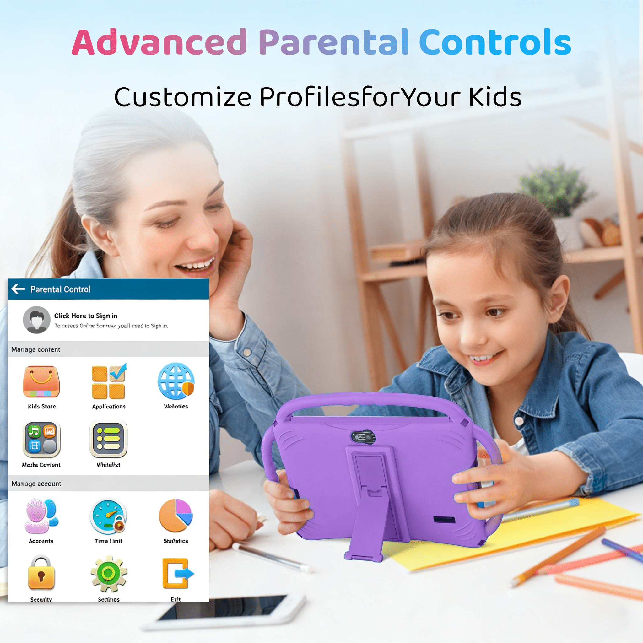 Kids Tablet 7 inch Android 11, 6GB RAM 32GB ROM, 512GB Expandsion, with Parental Control, WiFi, Bluetooth, Dual Camera with Silicone Case, 1PCS(light purple)