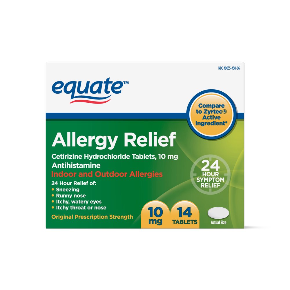 Equate Allergy Relief, Cetirizine Hydrochloride Tablets, 10 mg, 14