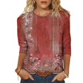 thumbnail image 4 of T-Shirt pour Femmes Hauts Habillés Manches 3/4 Col Rond T-Shirts Imprimé Floral Blouses Amples Chemises Décontractées Femmes Rouge TTG, 4 of 4