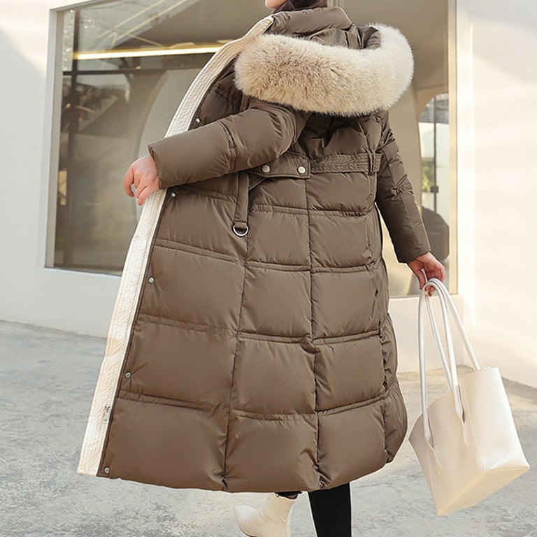 Mrat Knee Length Winter Coats for Women Long Sleeve Hooded Casual Outwear &  Jackets Long Puffer Down Coat Long Down Puffer Jacket Winter Coats for
