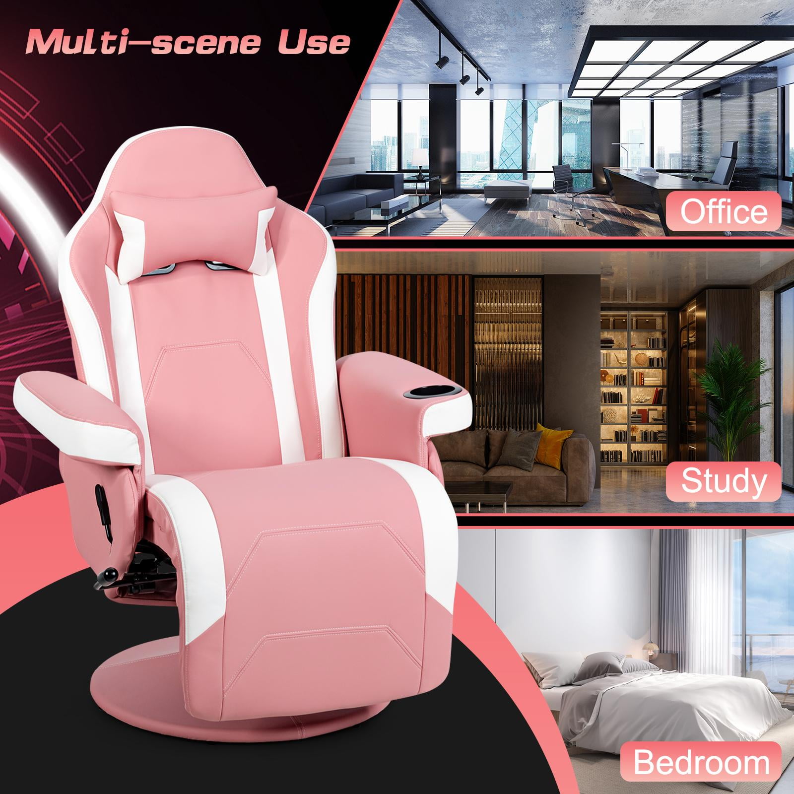 HONEY JOY Pink PU Leather Gaming Recliner Chair Single Massage