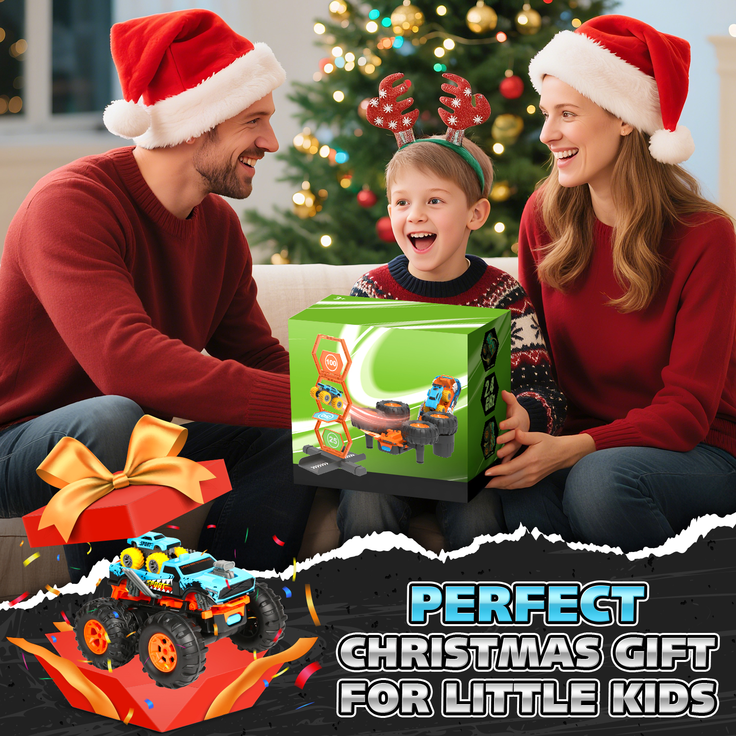 Huge Wave Remote Control Car, 1:16 Scale RC Stunt Monster Truck Toys, with Transform Track and Mini Car, Christmas Birthday Gift