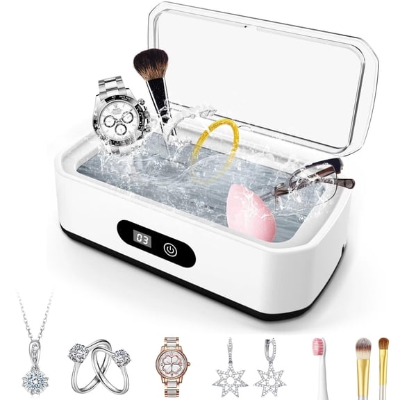 Ultrasonic Jewelry Cleaner, 48KHz Ultrasonic Cleaner Machine for Jewelry, 304 Stainless Steel 12oz Cleaning Pod for Glasses, Rings, Retainers, Watch Strap, Dentures