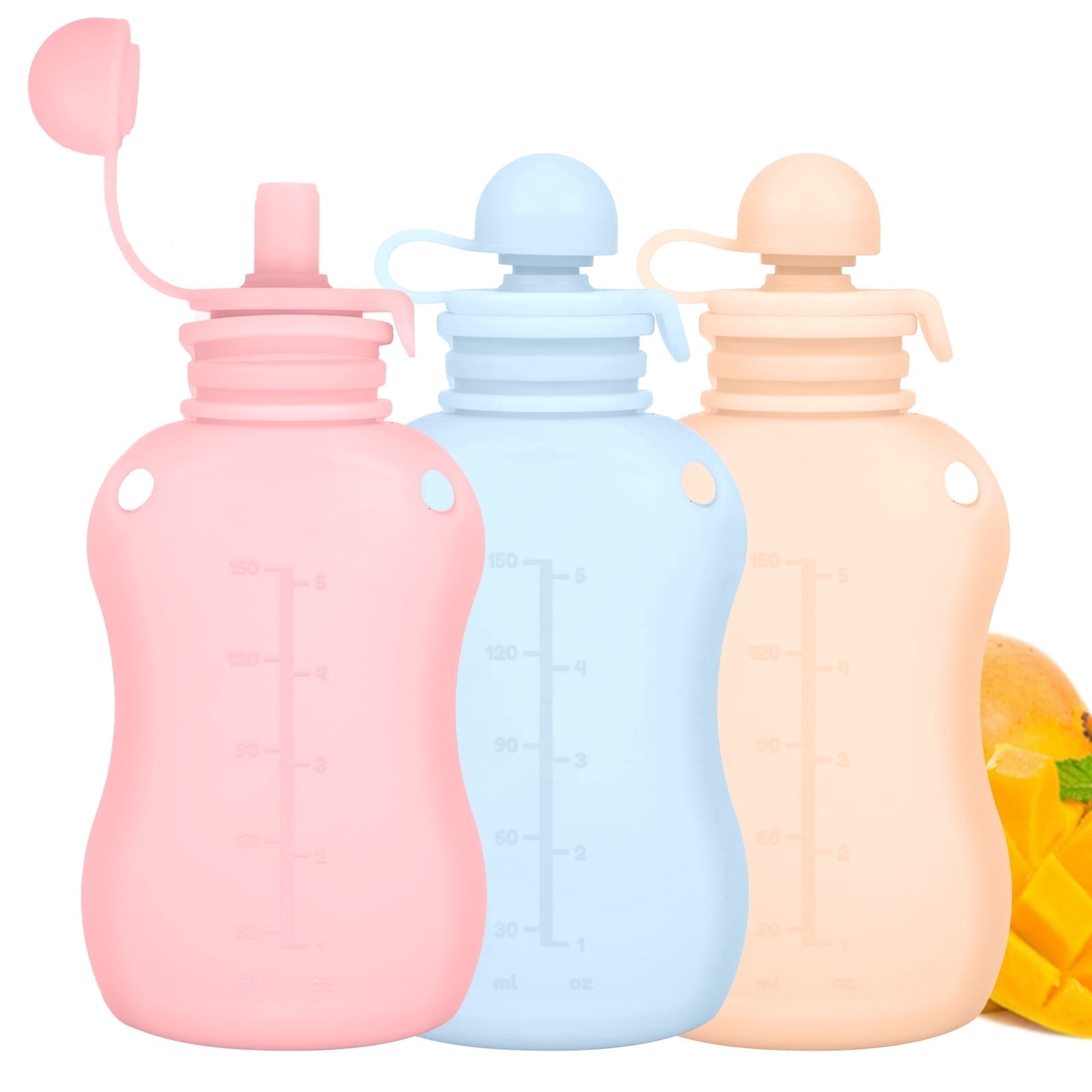 3 Pack Reusable Silicone Baby Food Pouches, 5oz Refillable Squeeze Pouches for Homemade Puree, Leakproof Baby Food Storage Bags for Breastmilk and Toddler Feeding
