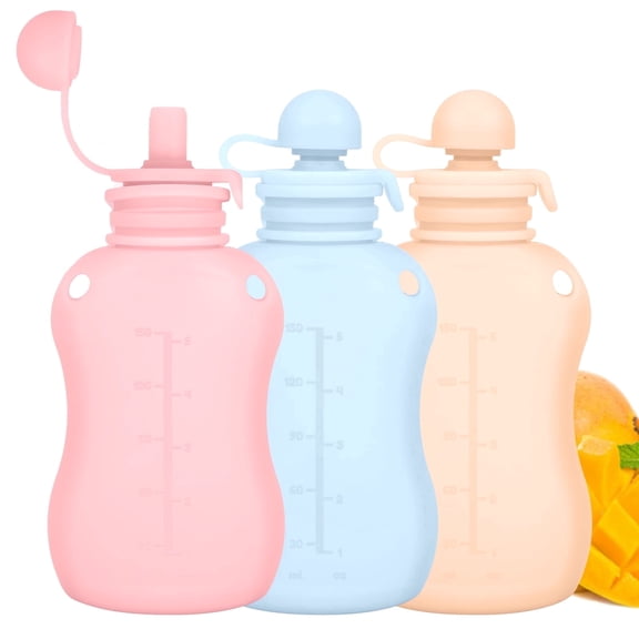 3 Pack Reusable Silicone Baby Food Pouches, 5oz Refillable Squeeze Pouches for Homemade Puree, Leakproof Baby Food Storage Bags for Breastmilk and Toddler Feeding