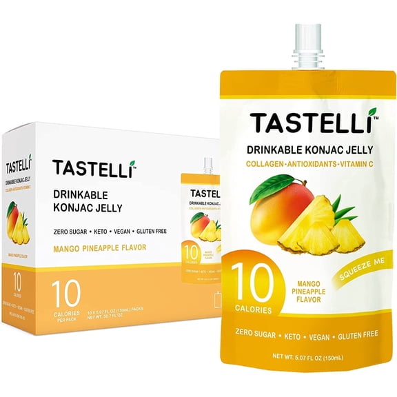 Tastelli Konjac Jelly Infused with Collagen & Vitamin C | Gluten Free, Sugar Free, Low Calorie | Vegan Drinkable Fruit Jelly Snack | Peach | 150mL x 10 Pouches