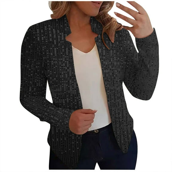 Lcziwo Short Coats for Women Long Sleeve Open Front Cardigan Blazer Notch Collar Office Work Jackets Plain Sequin 2025 Outerwear Black,L