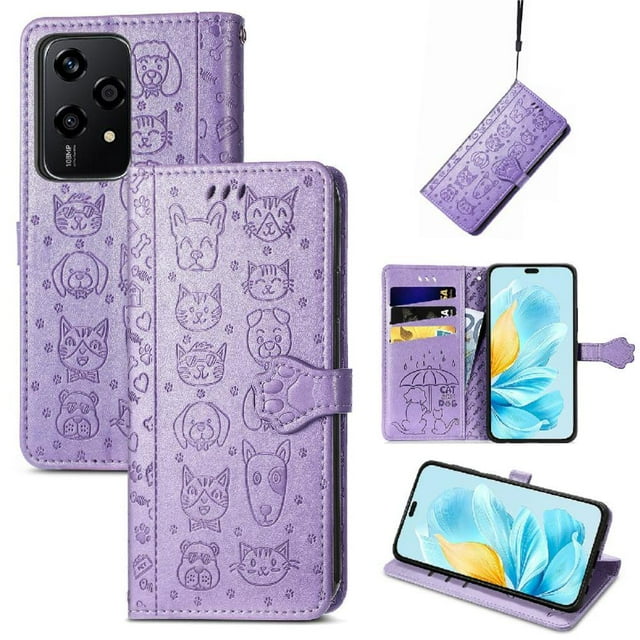 Funda Cartera FOXDOCK para Honor 200 Lite , Flip PU con Relieve de Gatos y Perros, Tarjetero y Soporte