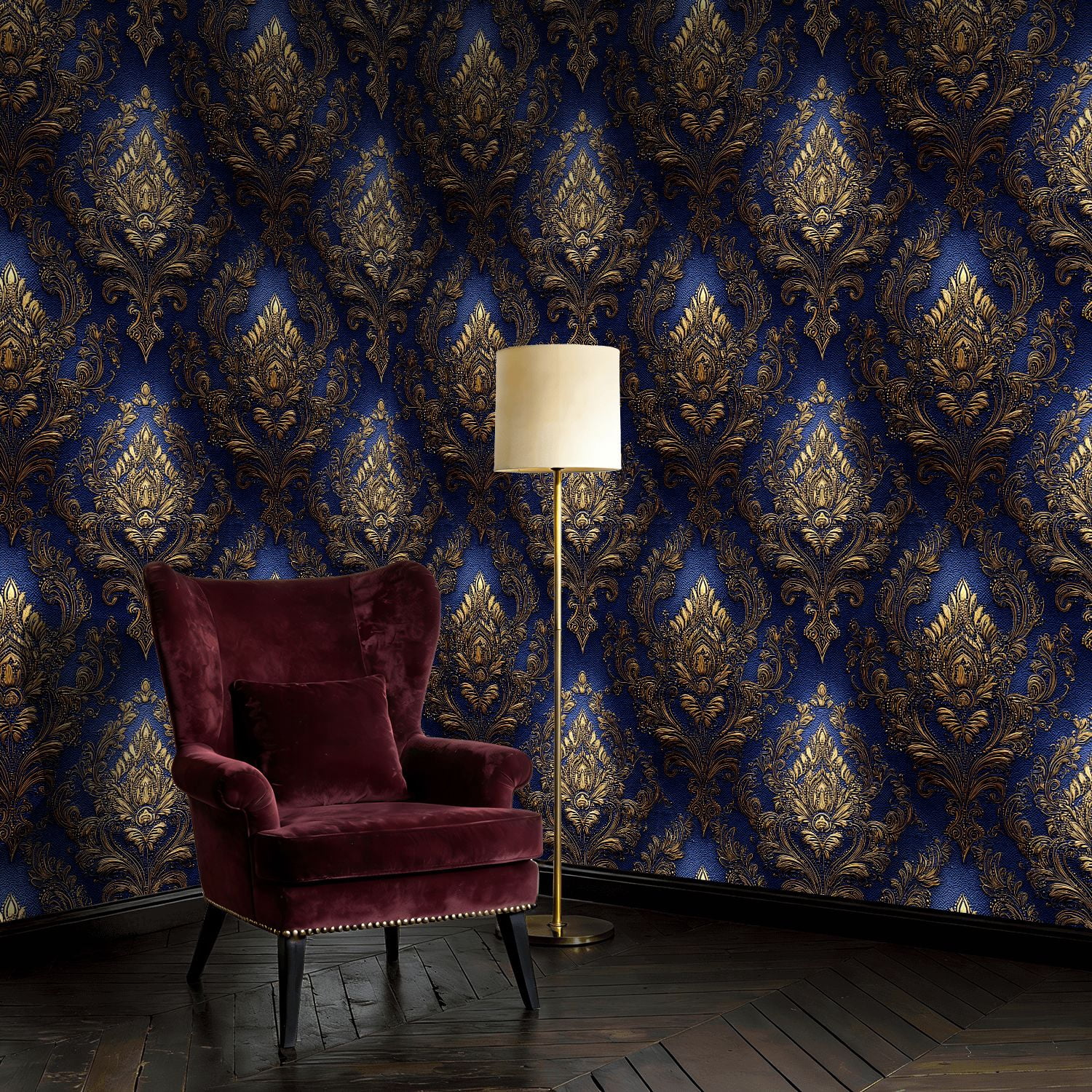 Baroque Peel and Stick Wallpaper Elegant Vintage Damask Intricate Gold Floral Wall Mural 17.7in x 9.8ft Self Adhesive Removable Wall Paper Renter Friendly Wallpaper for Bedroom Livingroom Men