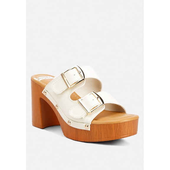 Sarai Buckle Straps High Block Heel Clogs In Beige