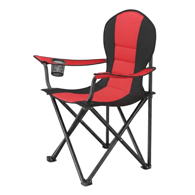 Silla de Picnic, Silla de Camping Plegable, Asiento Cómodo, Portavasos, Rojo y Negro