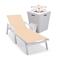 LeisureMod Marlin Modern White Aluminum Outdoor Patio Chaise Lounge Chair With Arms and Square Fire Pit Side Table Perfect for Patio, Lawn, and Garden