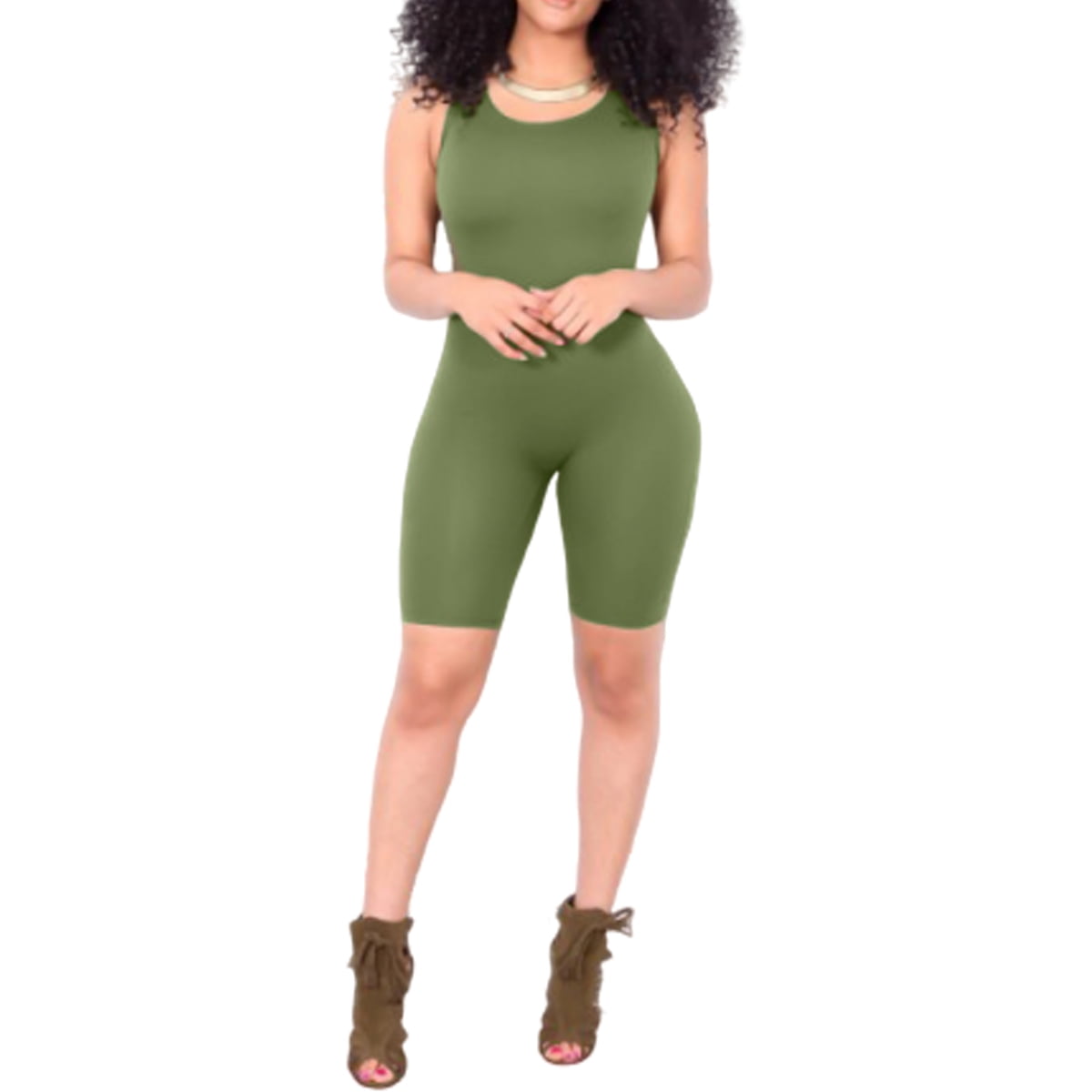 Womens Solid Tight Club Cut Out Dress Sleeveless Bodycon Jumpsuit Shorts