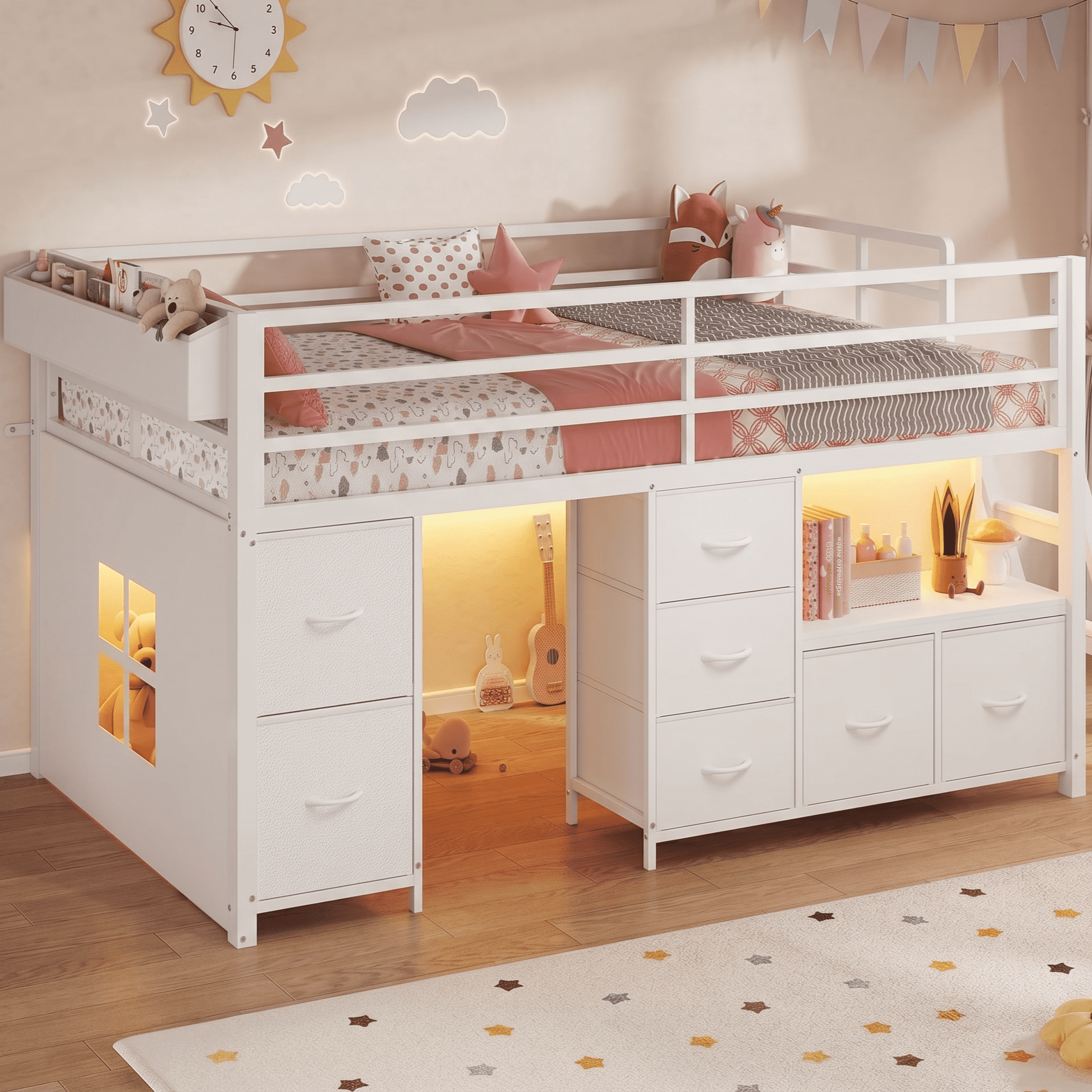 Afuhokles Low Loft Bed Twin Size with 7 Storage Drawers, Bookcase and LED Lights, Metal Loft Bed, White
