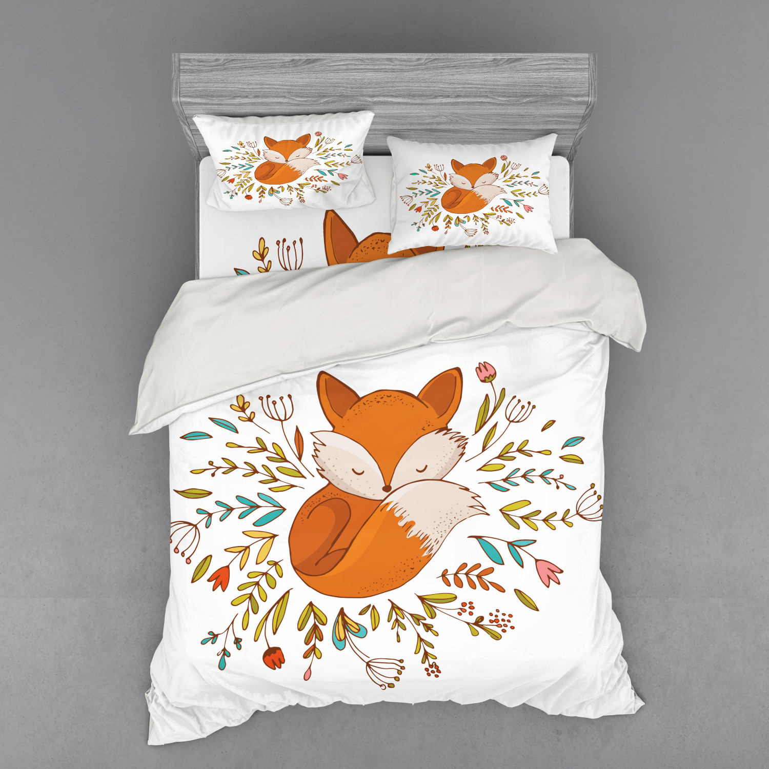 Cartoon Duvet Cover Set, Baby Fox Sleeping in a Floral Made Bed Circle