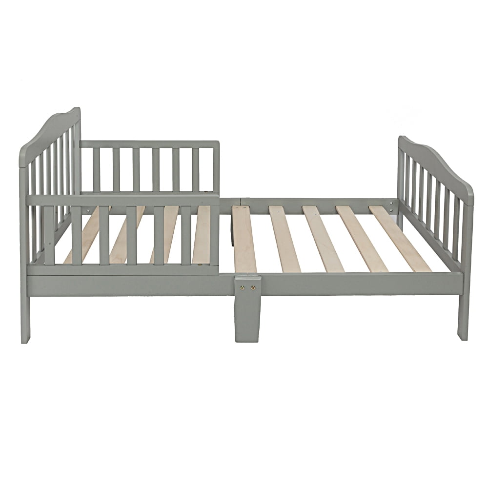 Lowestbest Wooden Toddler Bed, Children Bedroom Furniture with Safety Guardrails, Gray