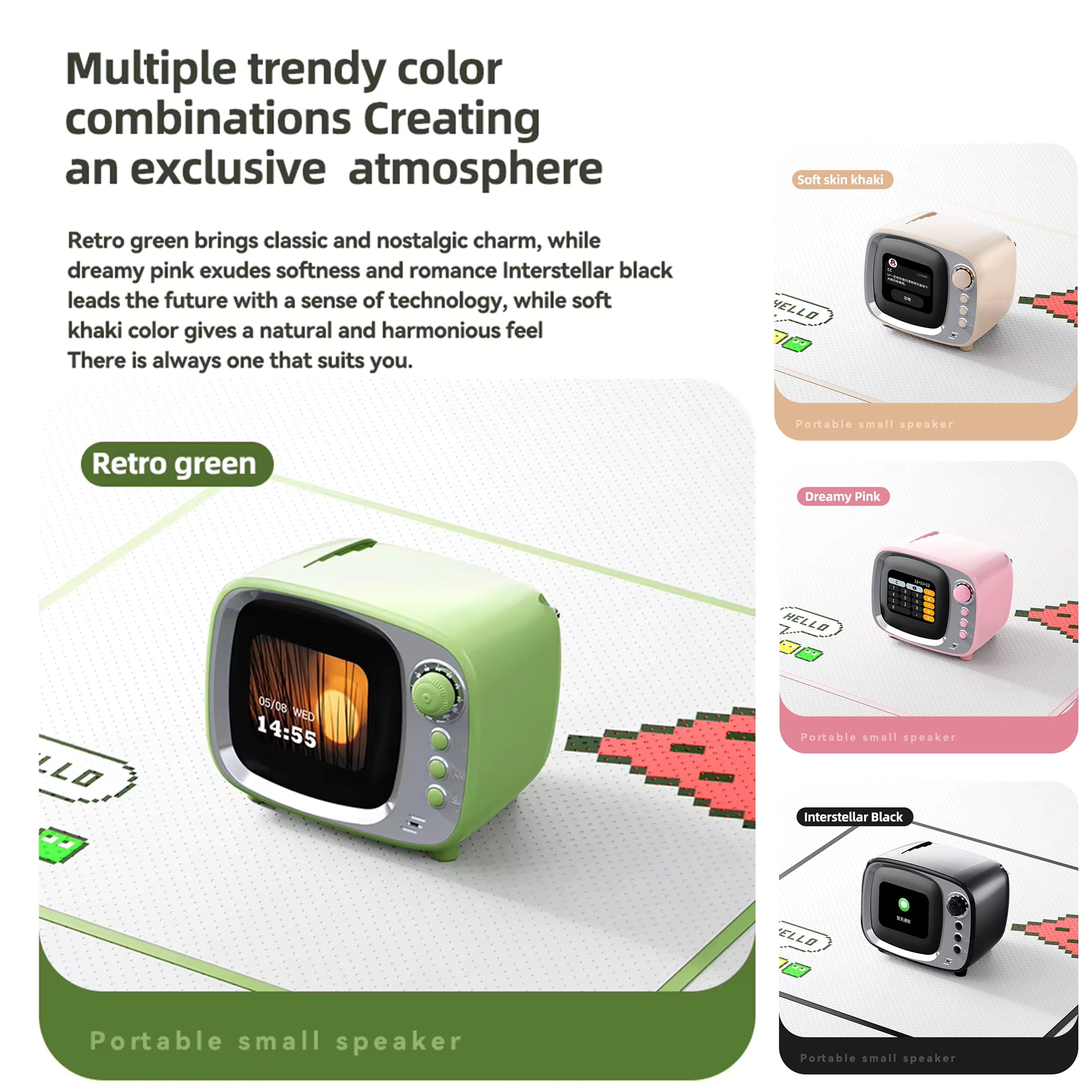 FM Radio Bluetooth Speaker with Alarm Clock, Rechargeable Retro Mini Wireless Speaker, LCD Touch Screen Display, Support TF Card, Vintage Decor Perfect for Party,Office,Home,Bedroom,Kitchen,Outdoor