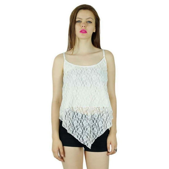 Bimba Women Speghatti Strap custom Crop Top Net, Holiday Clothing White Blouse