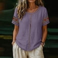 thumbnail image 2 of Ashirexll Summer Tops for Women Casual Linen Blouse Short Sleeve Floral Embroidery Lace Detail Summer Top for Daily, 2 of 7